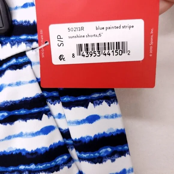 Spanx Sunshine 6” Shorts Pull On Stretch Womens Small Blue Stripe Athletic Swim - Picture 8 of 11